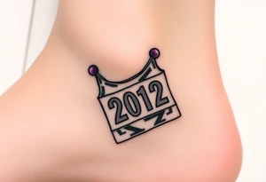 Safety pins through the skin attaching a running bib with 2012 and purple and gold accents tattoo idea