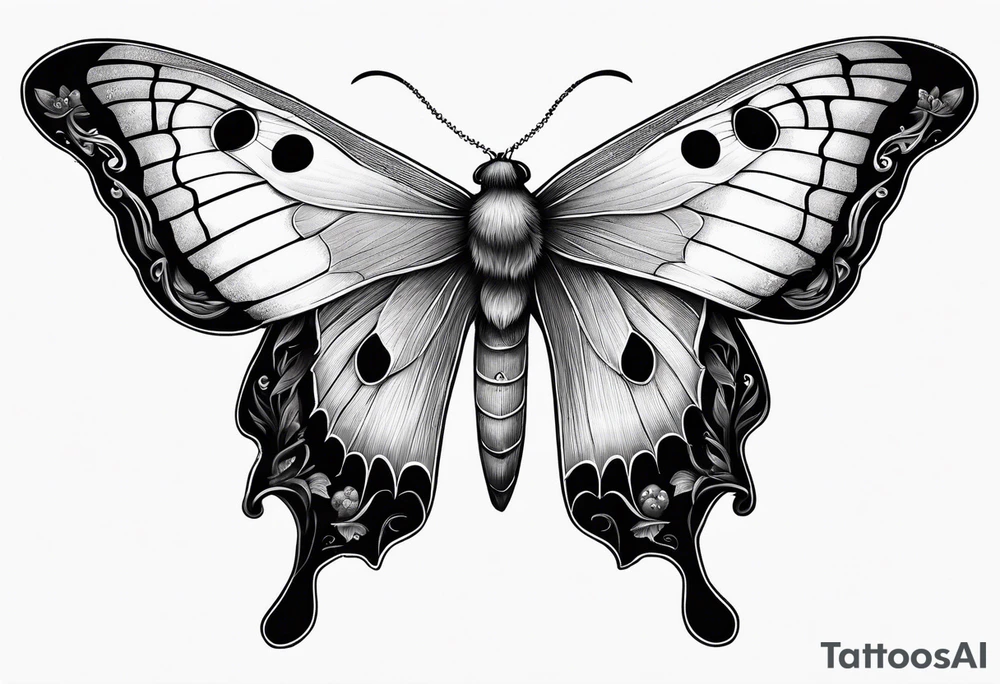 Woodland, cottage core, lunar moth, fallen log with small amount of mushrooms tattoo idea