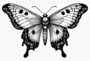 Woodland, cottage core, lunar moth, fallen log with small amount of mushrooms tattoo idea