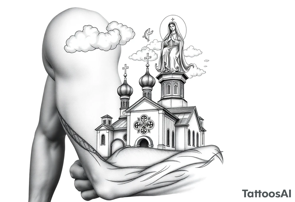 Russian Orthodox church with orthodox spire crosses, with clouds above it and a virgin mary seperately over looking sat above tattoo idea