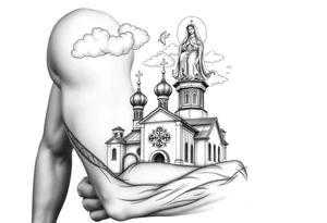 Russian Orthodox church with orthodox spire crosses, with clouds above it and a virgin mary seperately over looking sat above tattoo idea