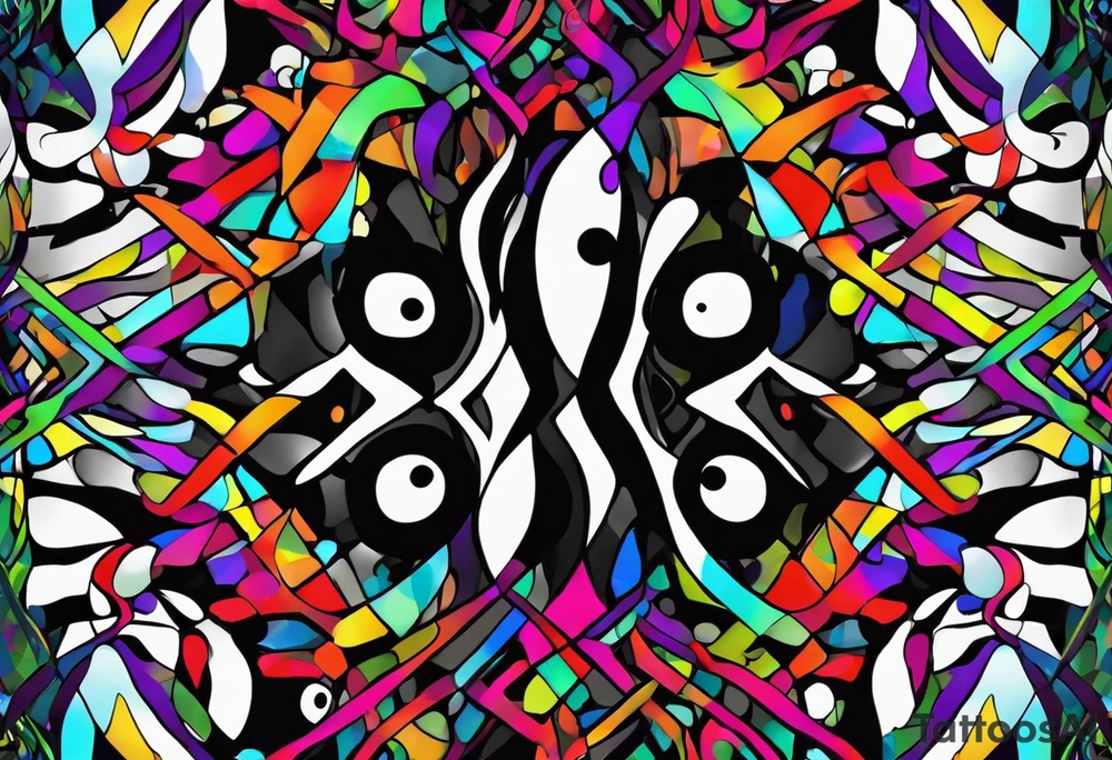 The equivalent of a horror and bizarre squid avatar. This avatar is made up of colorful, twisting and intersecting lines, making it look very wild and chaotic. The eyes of the squid are particularly prominent, one of them is white and the other is black, the overall expression is crazy and intense, with some distressed or damaged texture effects. tattoo idea