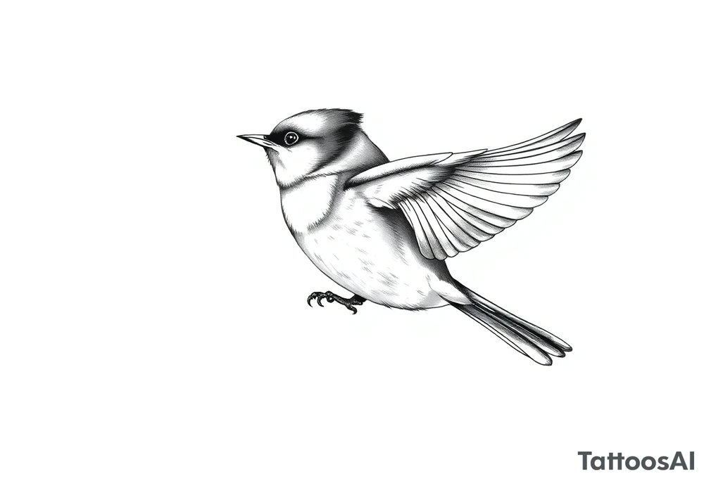 top profile of a tufted titmouse flying with its wings out and forward tattoo idea