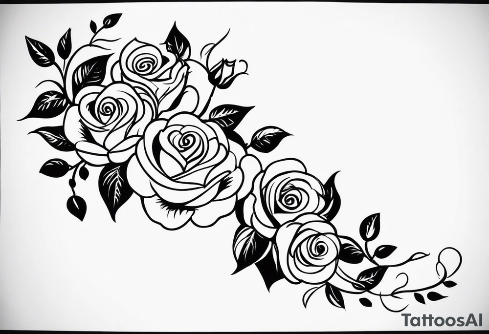 draw image of sleeve tattoo that has 65 small roses on a vine, they can be different sizes. It is long and narrow in design so it fits on an arm. The vine has some leaves and thorns but not too many. The roses will be a mix of small and medium size with some front on and others side on. tattoo idea
