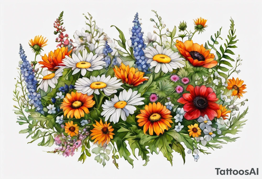sideways oval of wildflowers cascading with thistles, ferns, white anemones, sun flowers, red flowers, black flowers, buttercups, orange flowers, babys breath and daisies all in watercolor tattoo idea