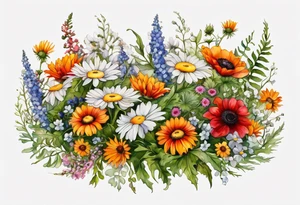 sideways oval of wildflowers cascading with thistles, ferns, white anemones, sun flowers, red flowers, black flowers, buttercups, orange flowers, babys breath and daisies all in watercolor tattoo idea