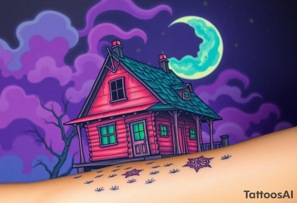 Tim Burton’s haunted pastel wood cabin home is abandoned and dripping with muted reds, dusty pinks, and eerie green glow.purple and cyan smokey clouds swirl in the crescent moonlit sky thats sprinkled with stars tattoo idea tattoo idea