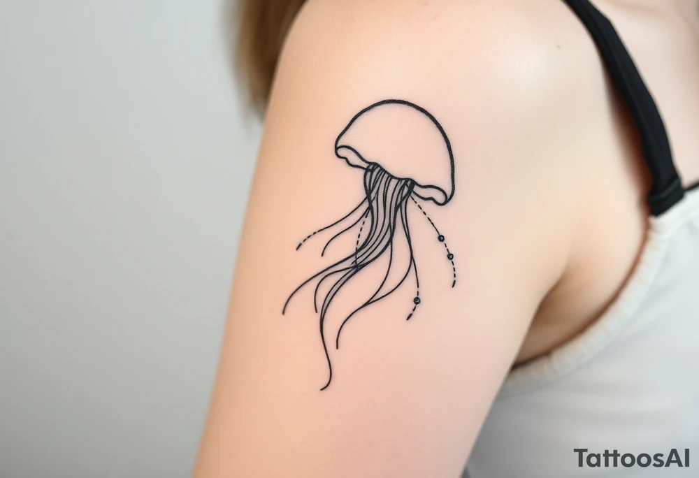 Fine line black and gray tattoo of an ethereal jellyfish representing self-love, freedom, and emotional depth. The jellyfish should have flowing, delicate tentacles that intertwine softly with thin organic branches or subtle leafy stems — no flowers, just abstract botanical lines that add a sense of growth and balance. The composition should feel light, graceful, and poetic, like movement underwater. Keep the lines elegant and harmonious, almost calligraphic. The design should look minimal yet expressive, with a serene, introspective aura tattoo idea