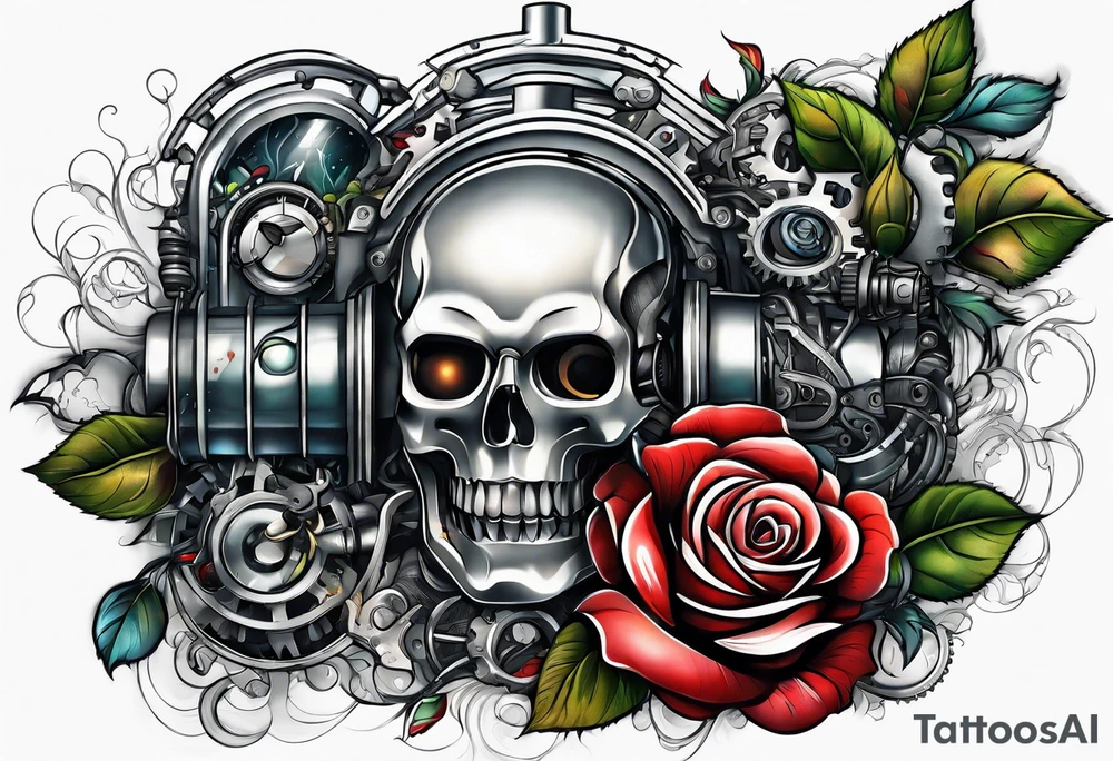 Blend roses and robotic machinery for an arm sleeve tattoo idea