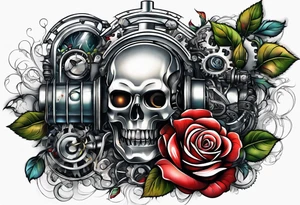 Blend roses and robotic machinery for an arm sleeve tattoo idea