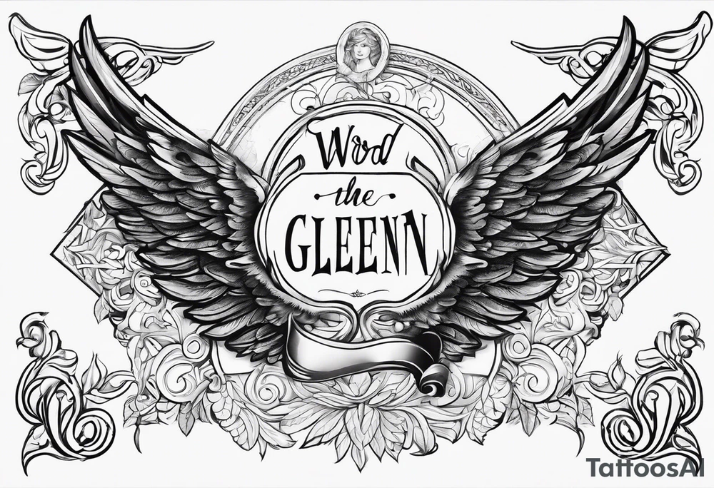 The word Glenn on a banner with angel Wings tattoo idea
