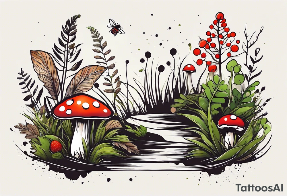 minimalistic forest floor inspired tattoo, which includes grass, moss, curly ferns and dead leaves as the bulk of the tattoo. details to include: forest berries, couple of very small brown mushrooms, a tiny bumblebee flying nearby tattoo idea