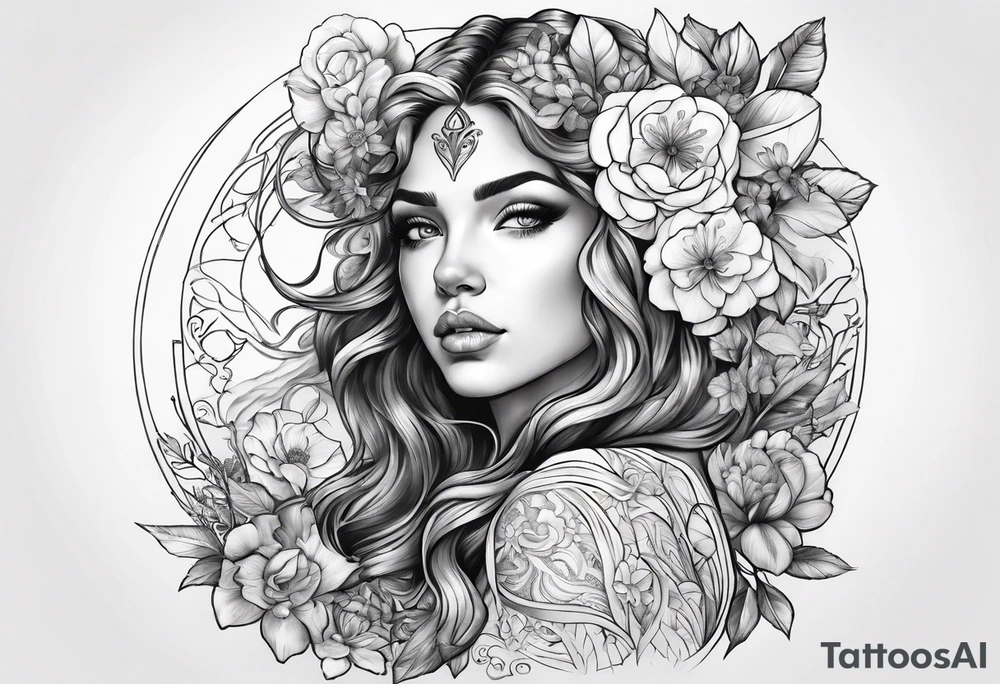 Powerful Aries woman with flowers tattoo idea
