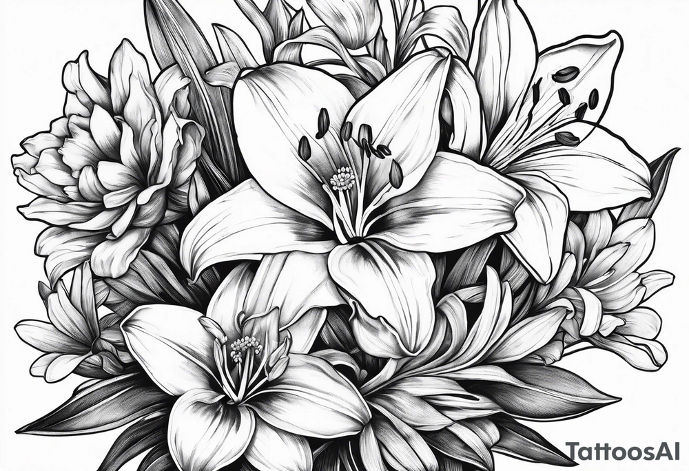 bouquet of flowers containing one lily, one daisy, one daffodil, and one narcissus. fine line with the stems in a bouquet tied by a bow. tattoo idea