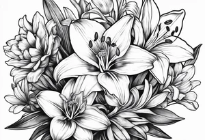 bouquet of flowers containing one lily, one daisy, one daffodil, and one narcissus. fine line with the stems in a bouquet tied by a bow. tattoo idea