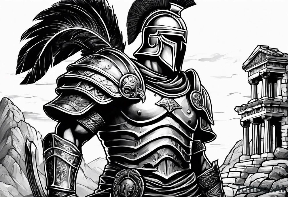 Side profile of spartan soilder with ancient ruins in background tattoo idea