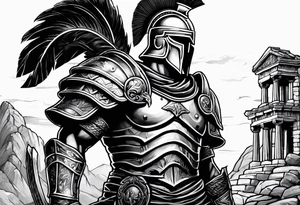 Side profile of spartan soilder with ancient ruins in background tattoo idea