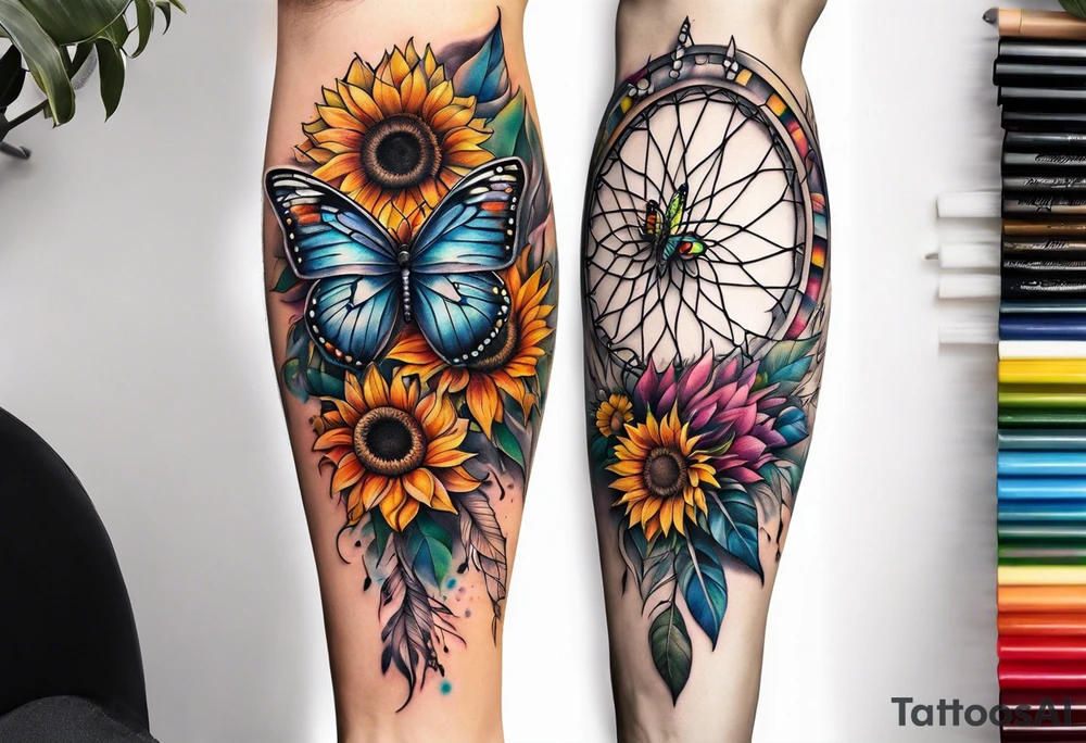 Quarter Leg sleeve with dreamcatcher, rainbow sunflowers and one butterfly tattoo idea