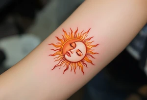 A stylized sun with the son’s face subtly etched in gold and burnt orange rays. tattoo idea