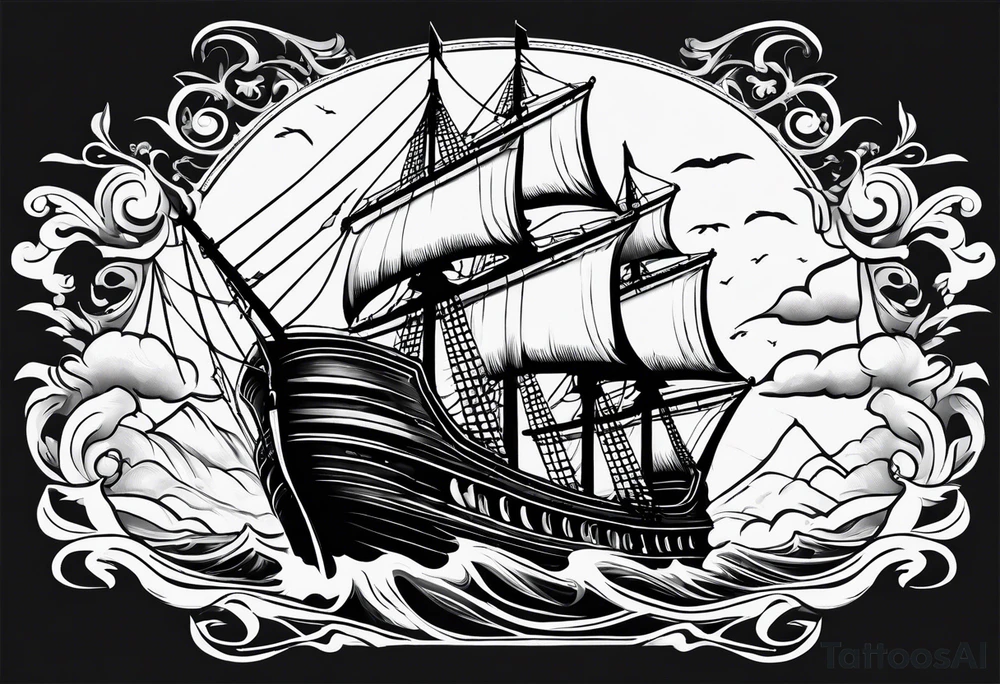 huge dark wooden ship facing left tattoo idea
