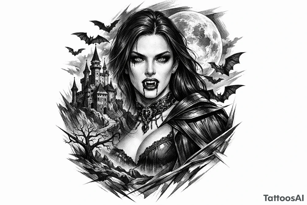 female vampire,bats,full moon,a castle. tattoo idea