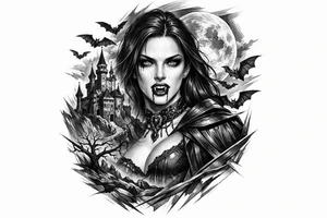 female vampire,bats,full moon,a castle. tattoo idea