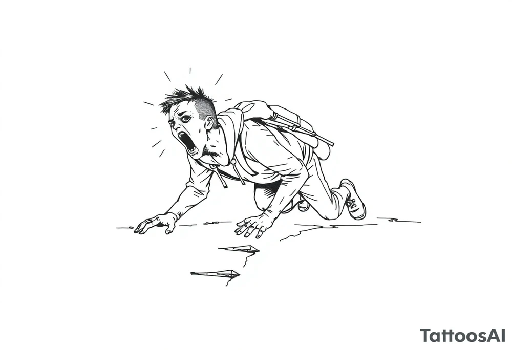 Confusion and pressure in thin lines on screaming solo traveler with no face with his body parts left on the path he’s crawling tattoo idea