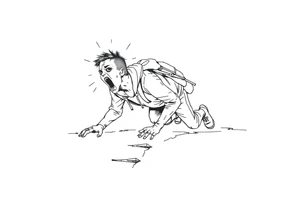 Confusion and pressure in thin lines on screaming solo traveler with no face with his body parts left on the path he’s crawling tattoo idea
