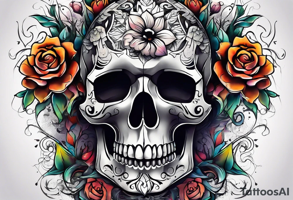 front knee tattoo with flowers & skulls, swirls & water washes, background washes tattoo idea