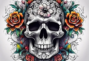 front knee tattoo with flowers & skulls, swirls & water washes, background washes tattoo idea
