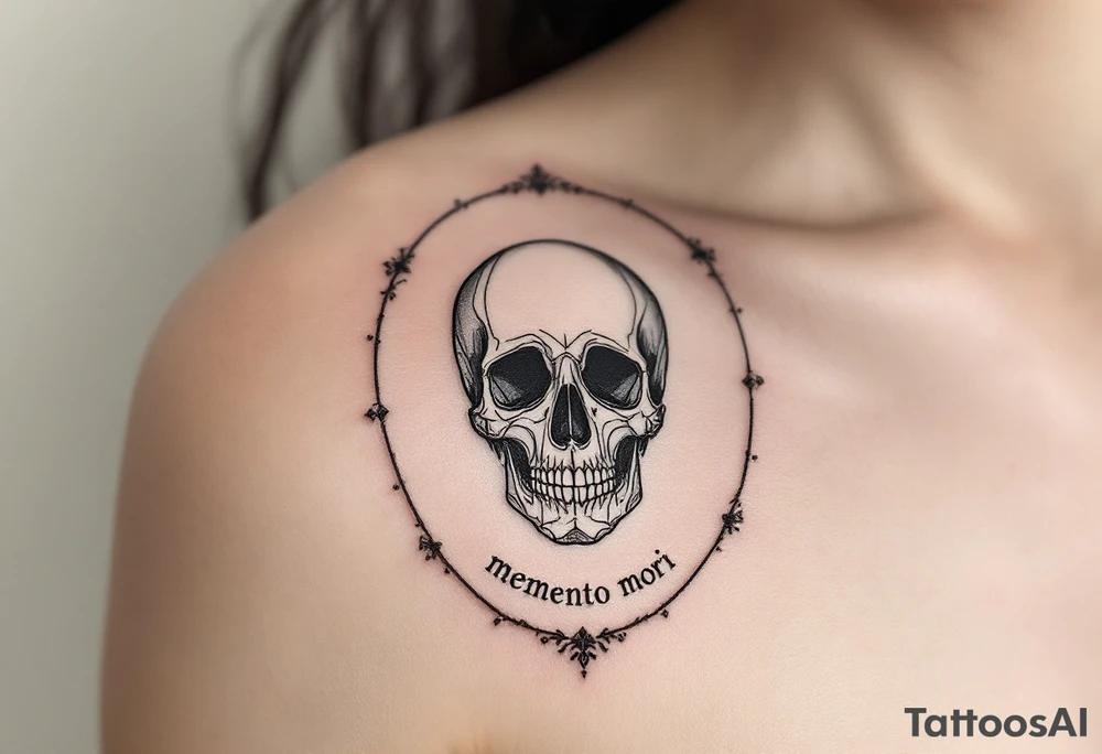 A Victorian-style framed mirror reflecting a skull in muted silver and black, with "memento mori" engraved along the edge. tattoo idea