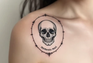 A Victorian-style framed mirror reflecting a skull in muted silver and black, with "memento mori" engraved along the edge. tattoo idea