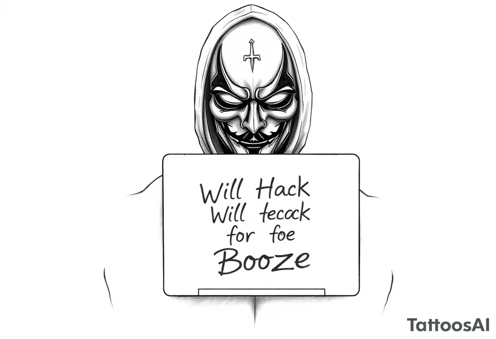 CREATE a desktop background for me of a 8k high definition homeless man wearing a V fo Vendetta mask while holding his laptop out for everyone to see the screen and the screen reads "Will Hack for Booze" tattoo idea