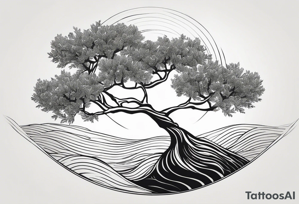Olive tree into waves, ocean, sun tattoo idea