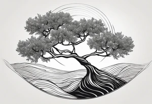 Olive tree into waves, ocean, sun tattoo idea