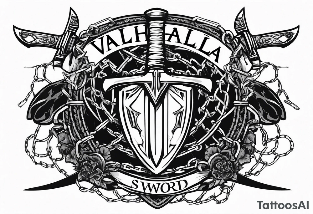 Valhalla sword shield axe barbed wire chains dark cloud tattoo idea
