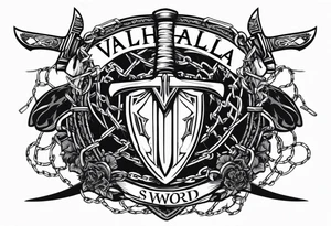 Valhalla sword shield axe barbed wire chains dark cloud tattoo idea