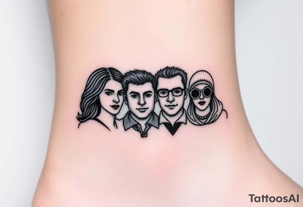 Is there a very simple small tattoo design  for a group of 4 friends from 4  different places Burgos , madrid , brasil , granada  that get reunited every 2 years and are always having banter and conversation about sex,feminism, conspiracy theories about covid , trump, reptilians. They met working at a restaurant in London. Their names are carmen , Mario, Andrea and Duanny tattoo idea