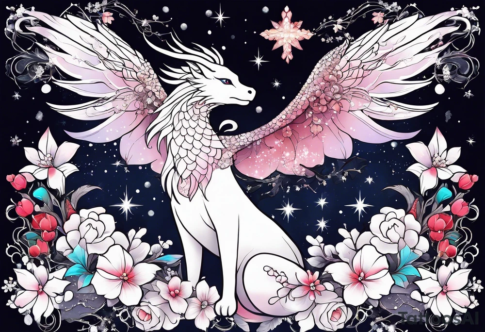 Constellation, wing , snow , cross , dragon female japan kawaii , flower tattoo idea