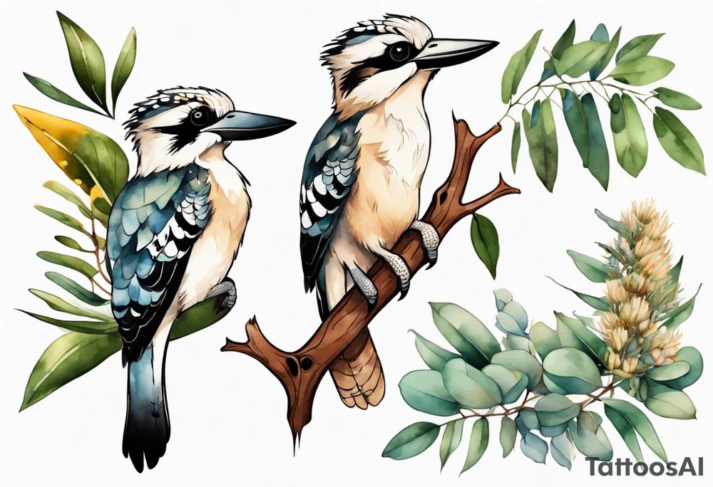 Cartoon kookaburra sitting on wattle and eucalyptus leaves tattoo idea