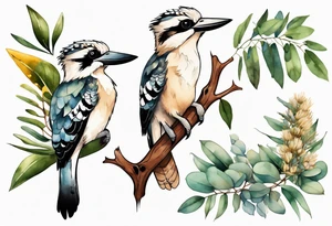 Cartoon kookaburra sitting on wattle and eucalyptus leaves tattoo idea