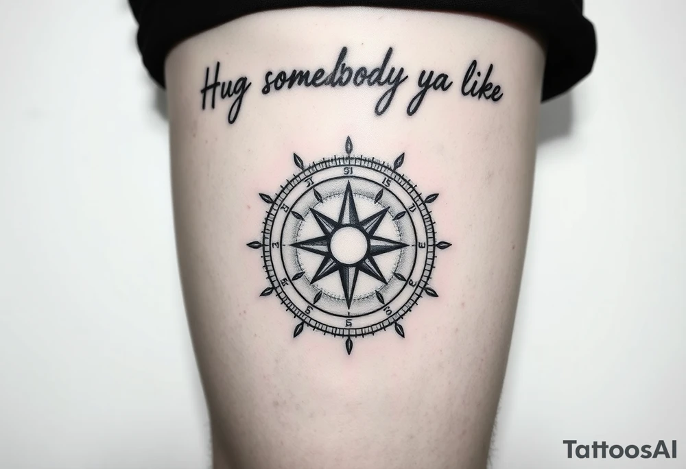 Sundial casting shadow with handwriting “Hug somebody ya like” above. tattoo idea