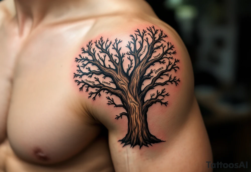 Heart-Shaped Tree with Names in the Bark – A tree whose trunk and branches form a heart shape, with sepia-toned bark engraved with names or dates. tattoo idea