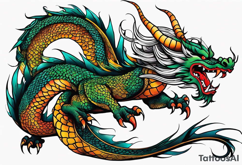 An epic floating asian dragon. Its long body coiling dynamically, with scales and horns detailed to create a sense of movement and strength. The dragon's color is giving a vibrant depth and a mystical aura. This tattoo highlights the dragon’s fierce expression and sharp claws. tattoo idea