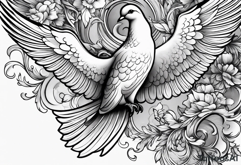 religious leg sleeve with nature, doves, clouds tattoo idea