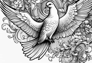 religious leg sleeve with nature, doves, clouds tattoo idea