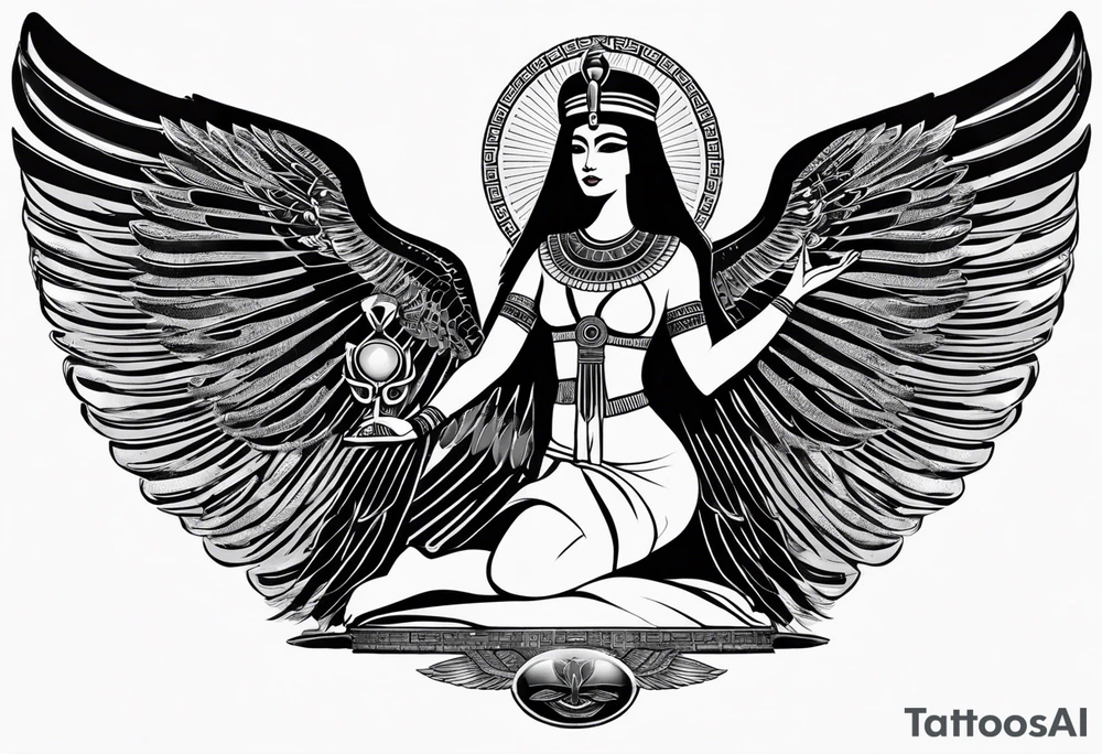 black and white Egyptian goddess Isis, who is often depicted as a woman with outstretched wings, holding an ankh (a symbol of life) in one hand and a lotus flower in the other. Her headdress often includes a throne or a solar disk. The tattoo design can vary in style and size, but it typically aims to capture the essence of this revered Egyptian deity, emphasizing her beauty, power, and maternal qualities. The choice of colors and additional elements can also be customized to create a unique and visually striking representation of the goddess Isis tattoo idea