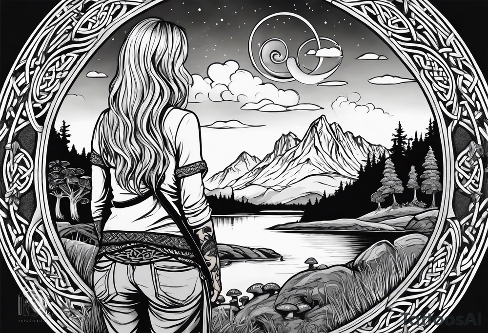 Whole picture encircled fully

Straight long blonde hair hippie girl in distance holding mushrooms in hand facing away toward mountains and creek surrounded by mushrooms long sleeve shirt and hiking pants; whole rendering within a full celtic circle, no cut off circle tattoo idea