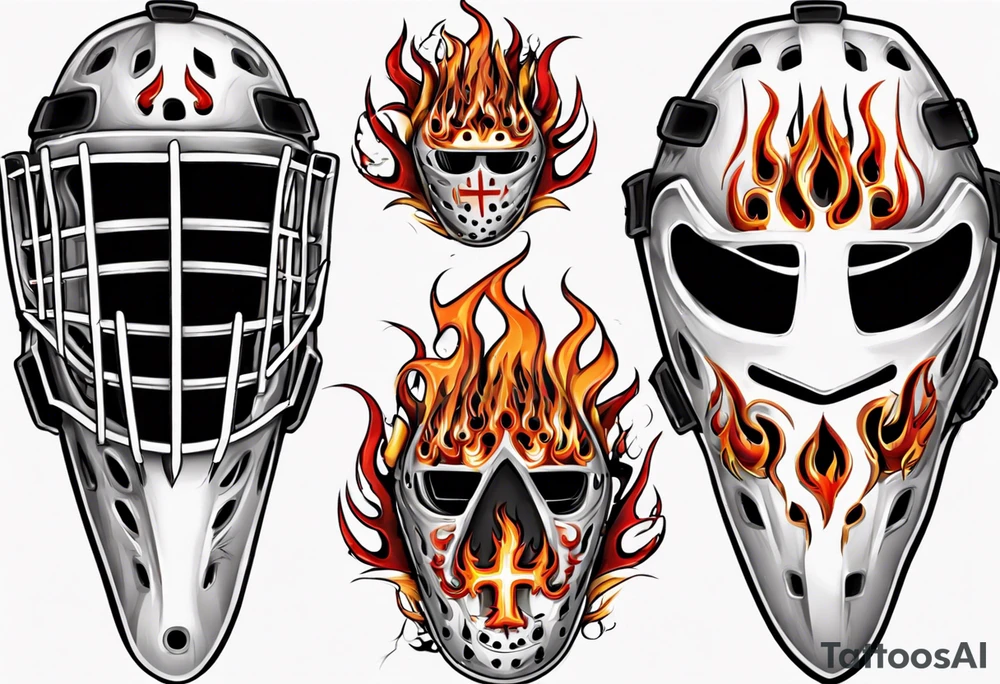 a goalie mask with crossed hockey sticks and flames "SHOT HOCKEY" tattoo idea