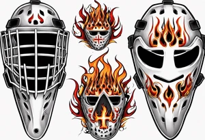 a goalie mask with crossed hockey sticks and flames "SHOT HOCKEY" tattoo idea